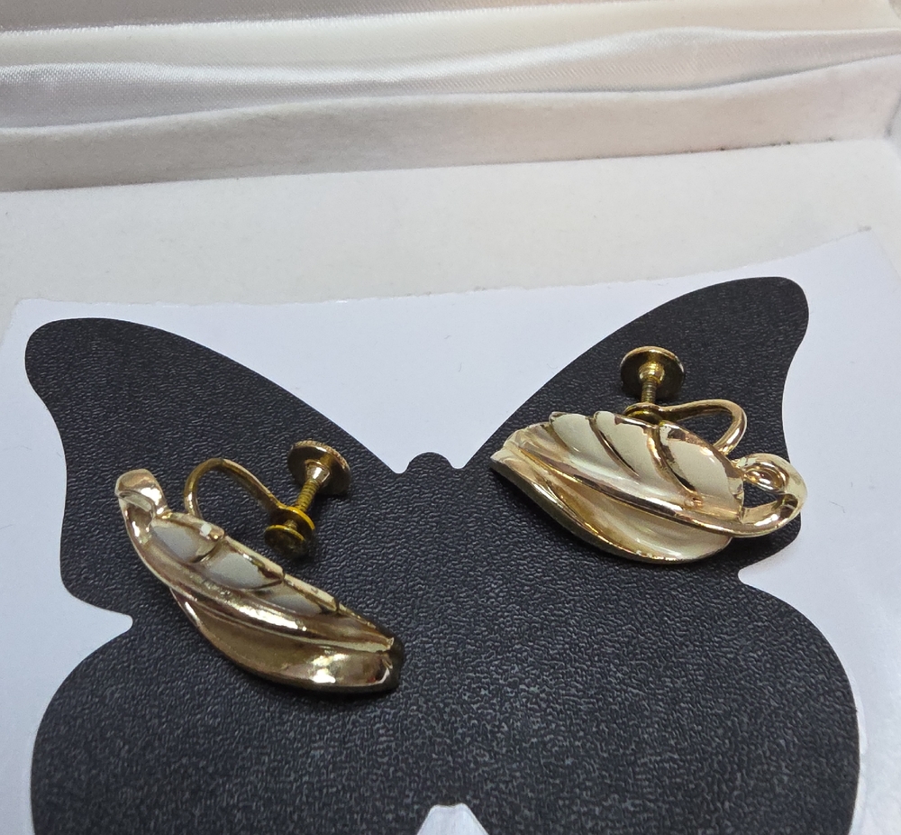 Gold-Tone Leaf Screw-Back Earrings with Cream Enamel